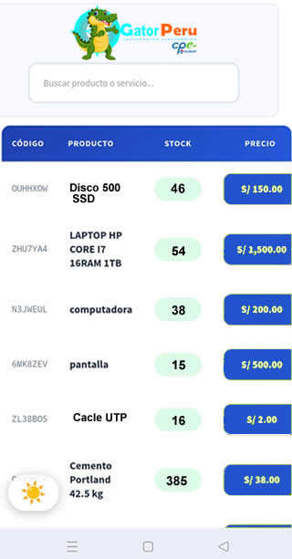 Pantalla de inicio aplicación Gator Peru